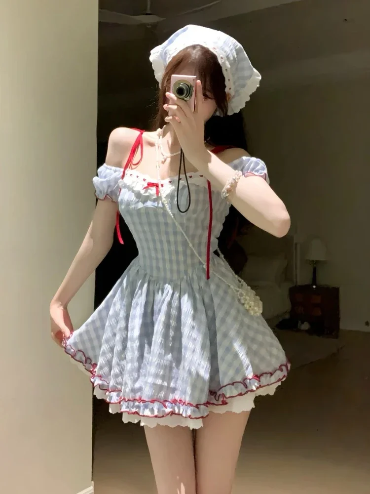 

Japanese Kawaii Sweet Short Party Dress Women Sleeve Y2k Vintage Plaid Mini Dress Female Elegant Lolita Clothing Outfits 2025