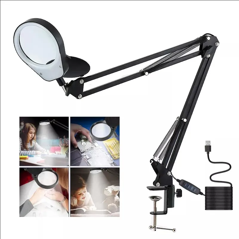 

10X Magnifying Glass with Light and Clamp 3 Color Modes Stepless Dimmable LED Lamp Adjustable Swivel Arm Magnifier Lamp