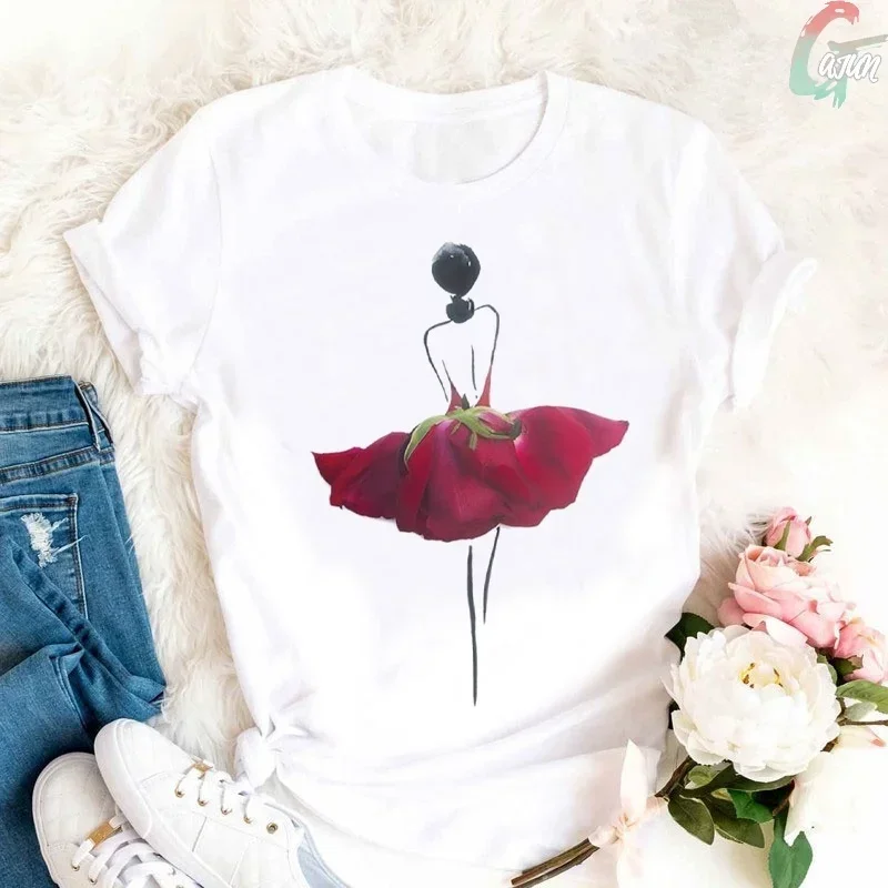 Yellow Fashion Streetwear Women T Shirt Harajuku Rose Girl Bouquet Print T-shirt Summer Sunflower Flowers Loose Casual Women Top