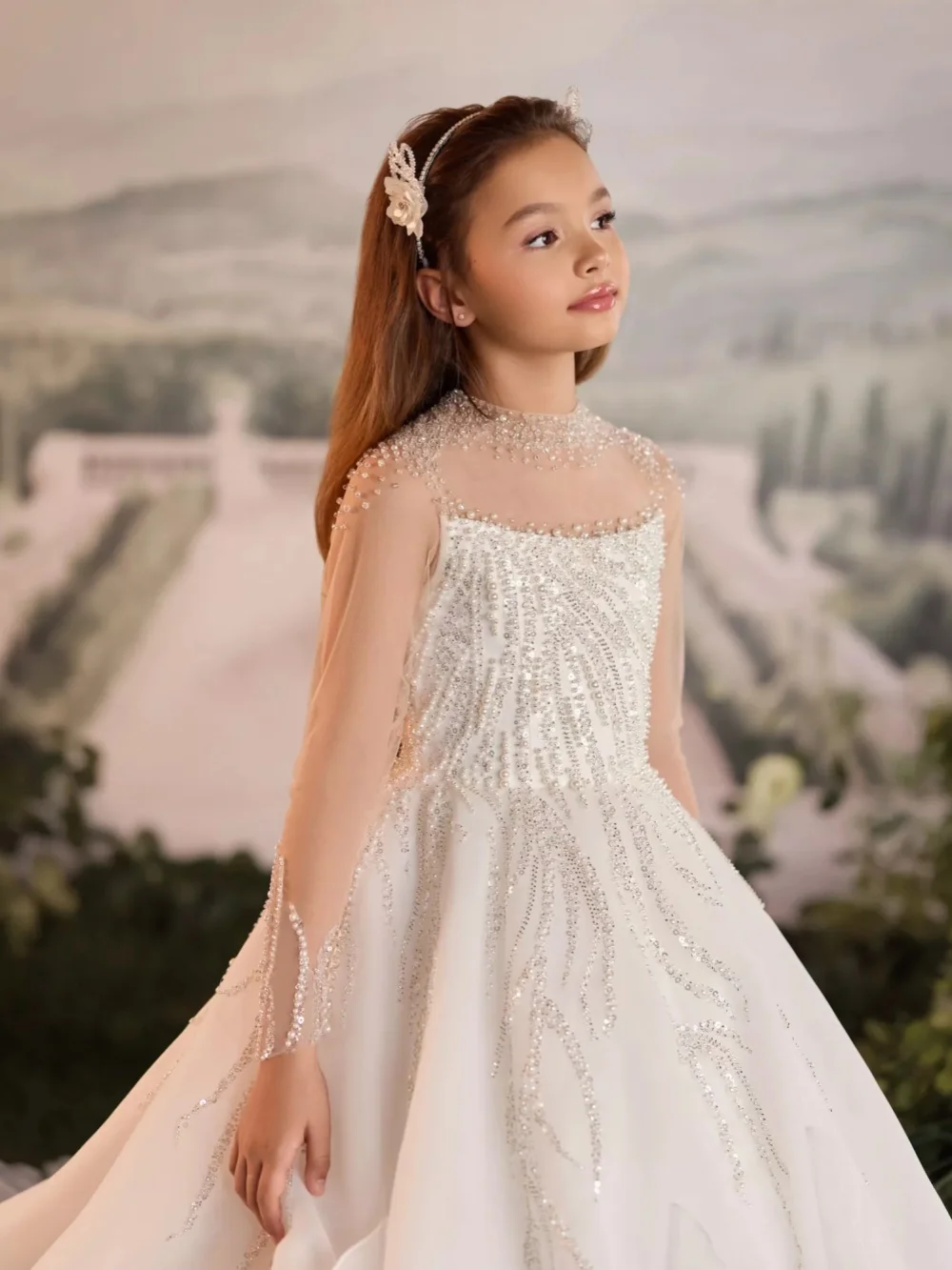 Ruffled Luxury Beaded Pearls Girls Dresses Pageant Gown Classic High Collar Long Sleeve Kids Princess Gown For Banquet Party