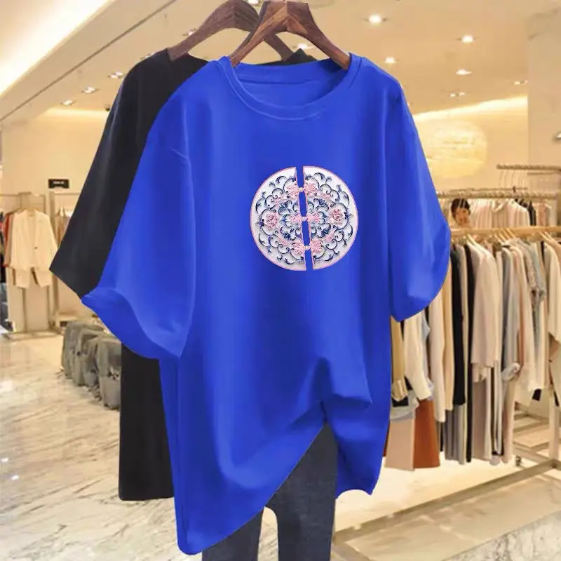 Summer New Chinese Style Pure Cotton Short Sleeve Basic T-shirt Women Fashion Casual O-neck Printing Top Tee Oversized Pullovers