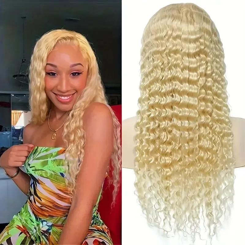 180 Density 613 Blonde 13x4 Lace Forehead Human Hair Wig Blonde 20 38 Inch Deep Wave Glueless Curly Hair  Women Human Hair Wig