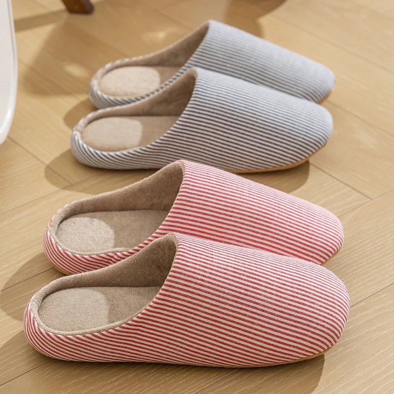 Simple Striped Home Slippers Men's Spring and Autumn Indoor Wooden Floor Bedroom Silent Comfortable Japanese Style Home Shoes