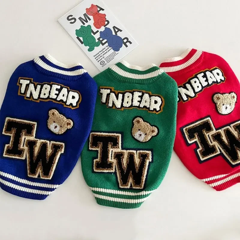 

Pet Casual Baseball Suit Dog Knit Autumn Warm Teddy Sweater Letter Embroidery Dog Clothes Popular Open Button Shirt