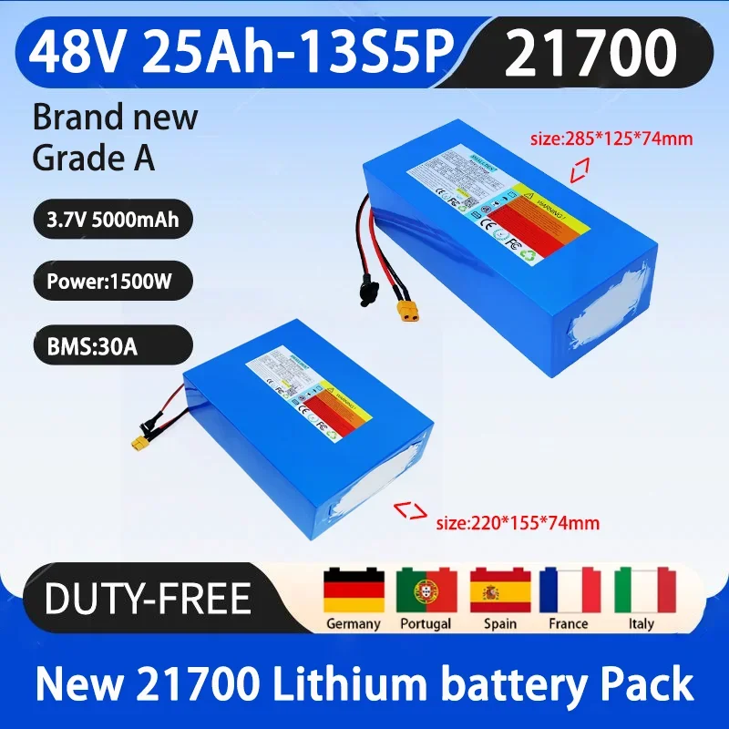 New 48V 25ah 21700A grade lithium battery 13S5P with built-in 30A Bms 1500W high-power motor rechargeable battery+ 3A charger