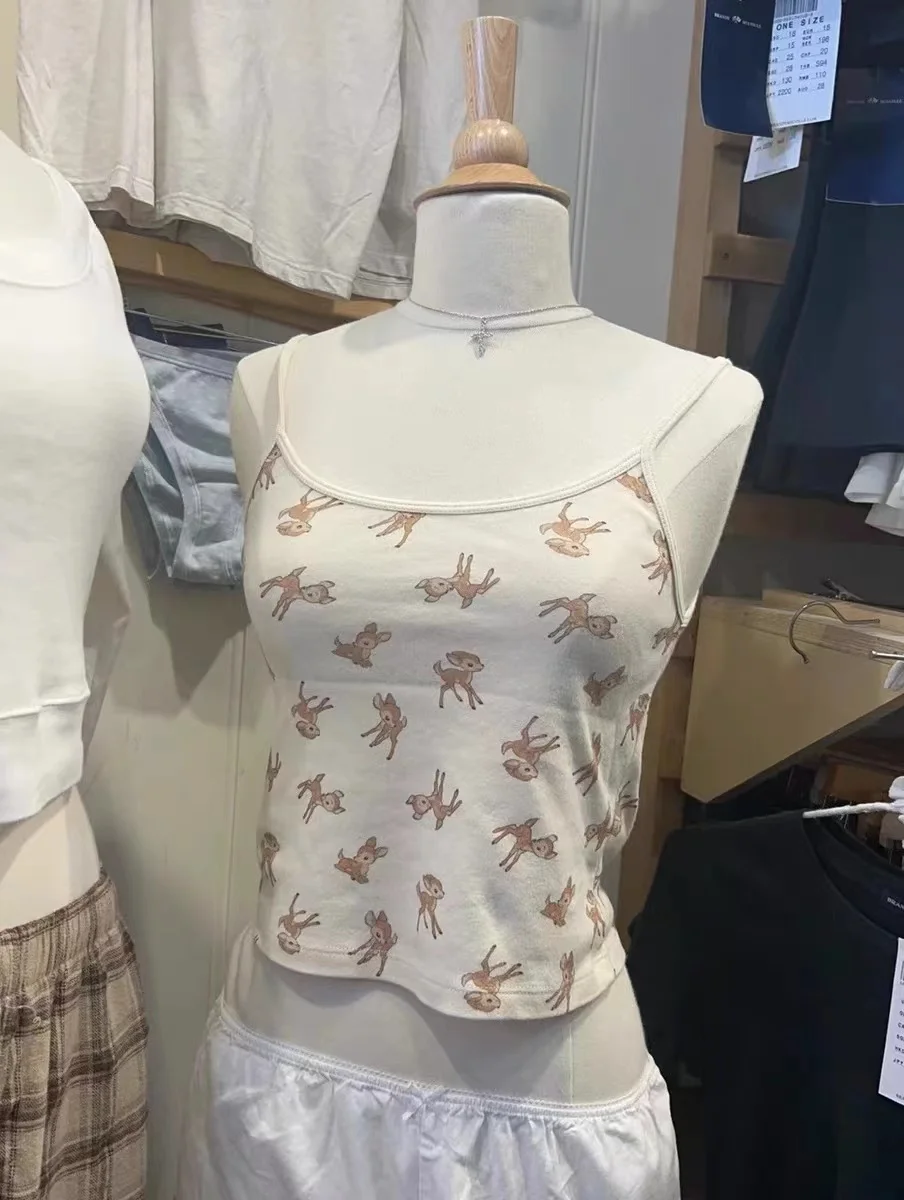 Little Deer Print Beige Slim Crop Top Women Summer New Cotton Sleeveless Cropped Camisole Harajuku Cute Casual Tank Tops Y2k