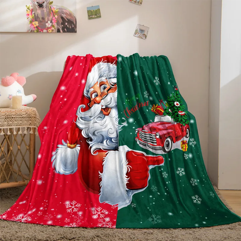 Red and Green Merry Christmas Blanket Flannel Winter Santa Claus Snowflake Throw Blanket Xmas Home Decoration for Sofa Bedspread