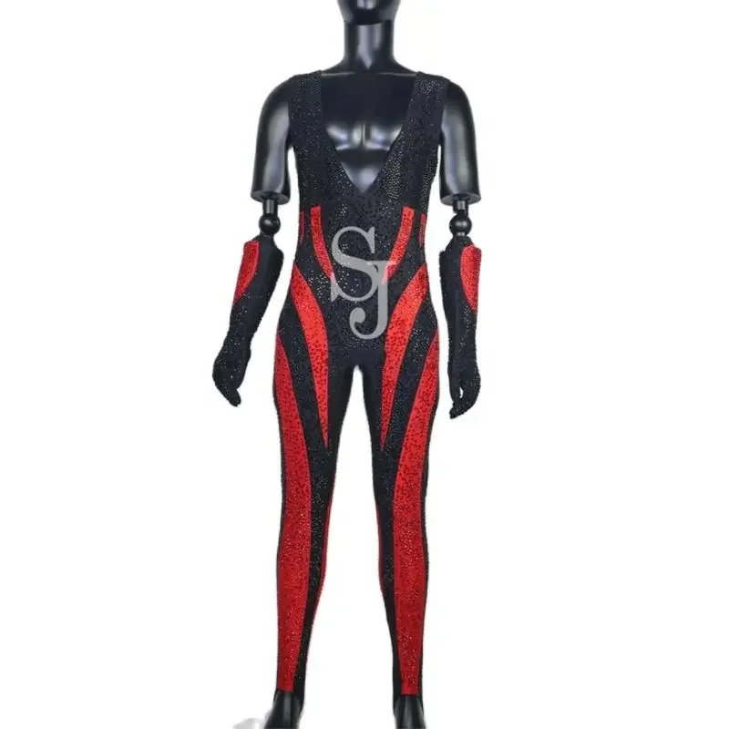 Męski strój do pole dance, czerwono-czarny kombinezon z dżetami, seksowny kostium gogo, strój sceniczny dla DJ-a, odzież rave, XS7487