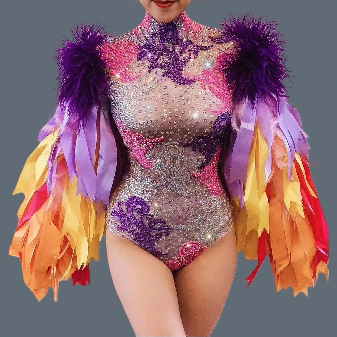 Fashion Stage Wear Ribbon Strip Feather Rhinestone Bodysuit Women Nightclub Bar Party Outfit Performance Dance Costume Caidai