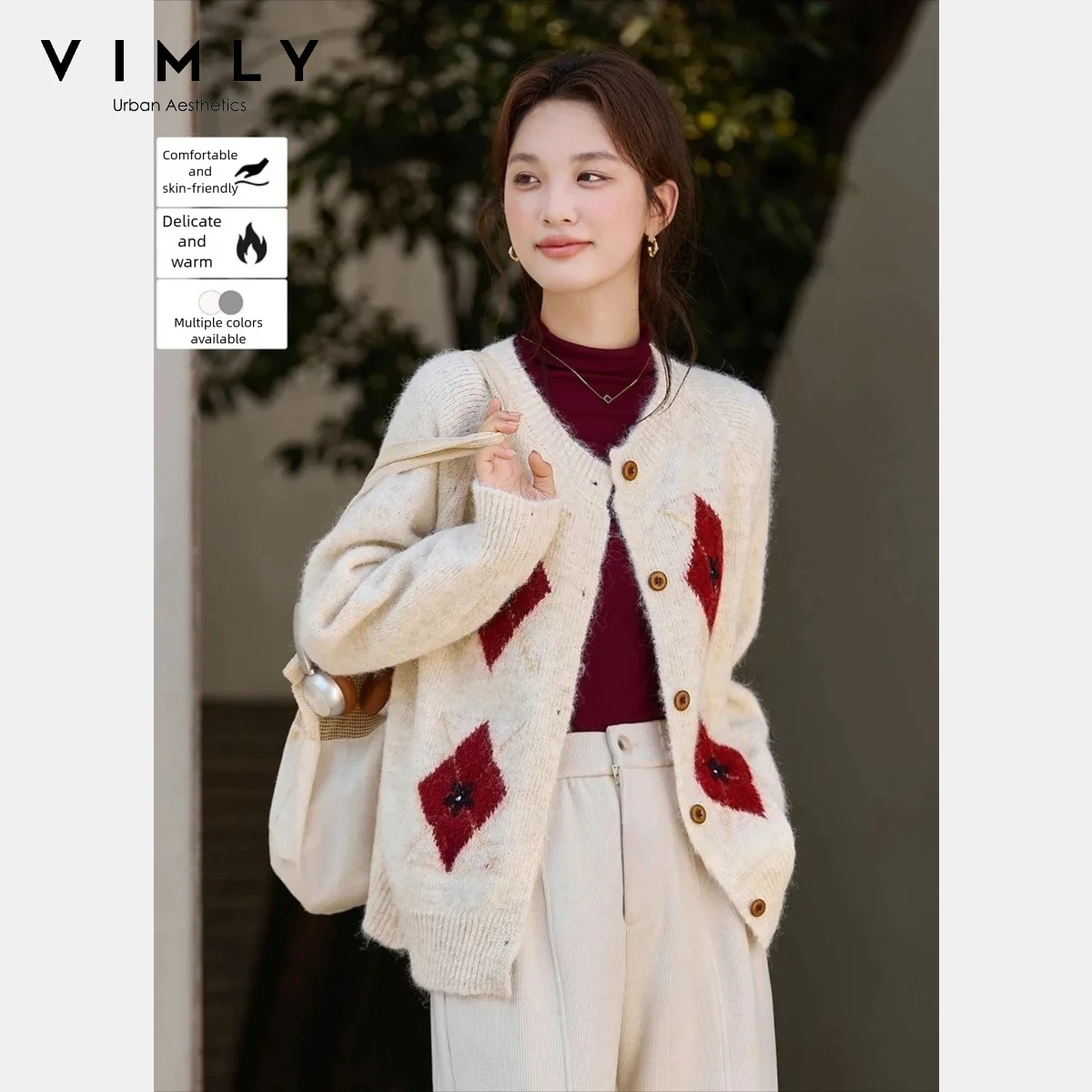 

VIMLY Women's Cardigan 2025 Winter Square Crochet Round Neck Loose Fitting Thick Knitwear Keep Warm Women's Clothing 30371