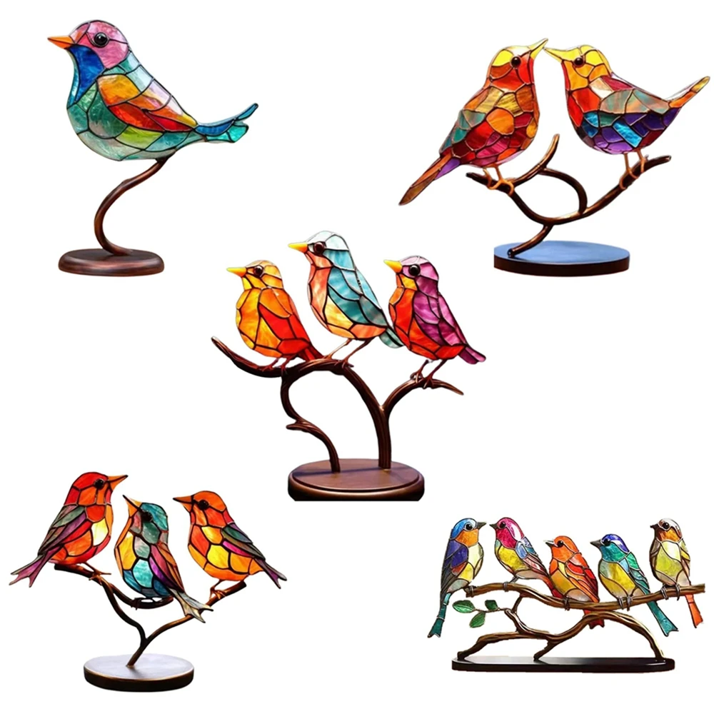 Stained Metal Branch Bird Tabletop Arrangement Reversible Multi-Color Style Bird Craft Statue Tabletop Arrangement