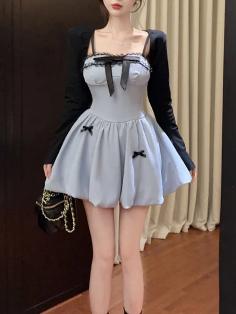 Summer Korean y2k Sweet 2 Piece Set Women Fashion Black Cardigan + Bow Lace Suspender Dress Female Chic Sweet Dress Suits