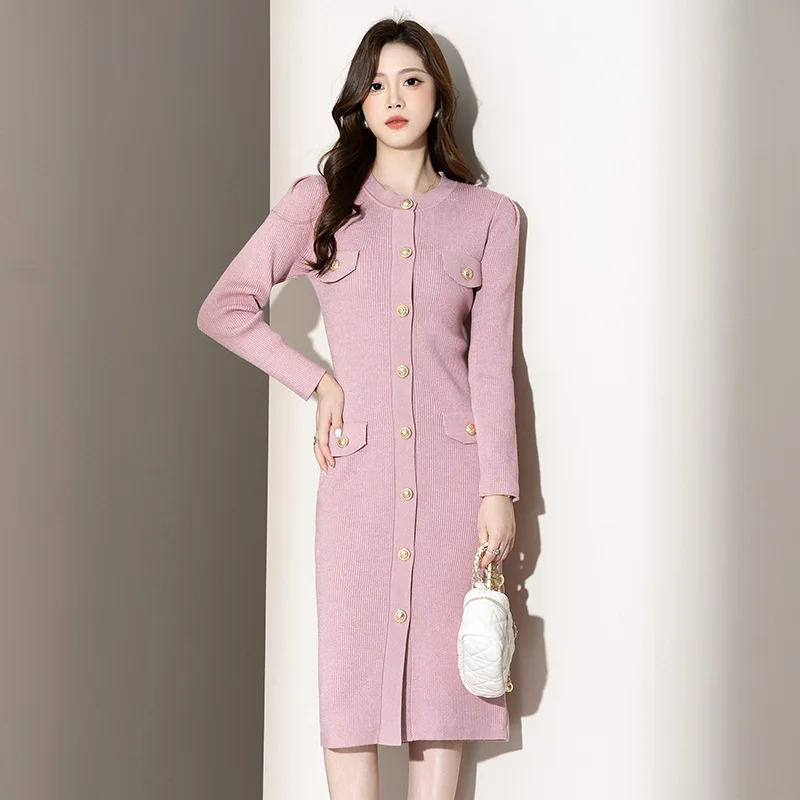 #2424 Pink Stretch Knitted Midi Dress Single Breasted Cardigan Sweater Dress Women Round Neck Pencil Dress Female Autumn Winter