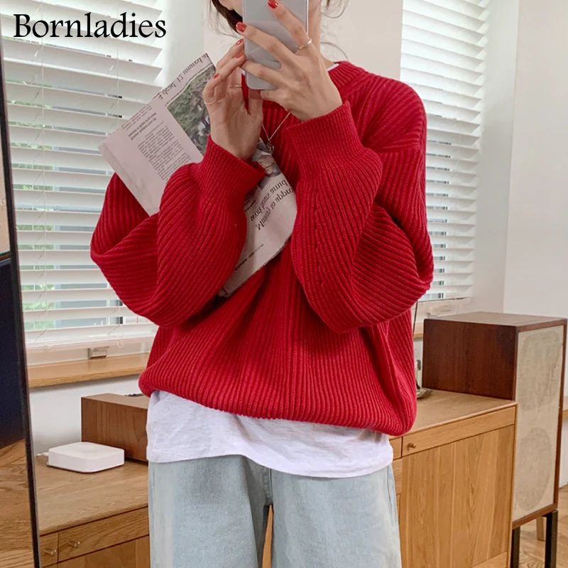 Bornladies 2022 Autumn Winter Loose Stripe Pullover Basic Warm Sweater for Women Soft Kniited O Neck Fashion Sweater Women Pull