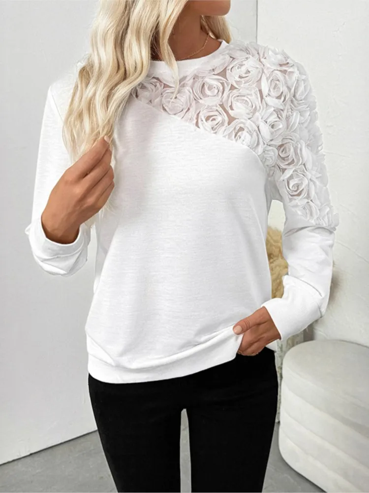 Winter Clothes Woman Pulls Femmes Elegant Rose Three-dimensional Flower Decorated Long-sleeved Solid Color Sweatshirt All-match