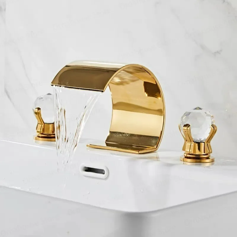 

Gold Waterfall Bathroom Faucet Brass 3 Hole Hot and Cold Waterfall Faucet Water Tap Crystal Handle Widespread Sink Tap