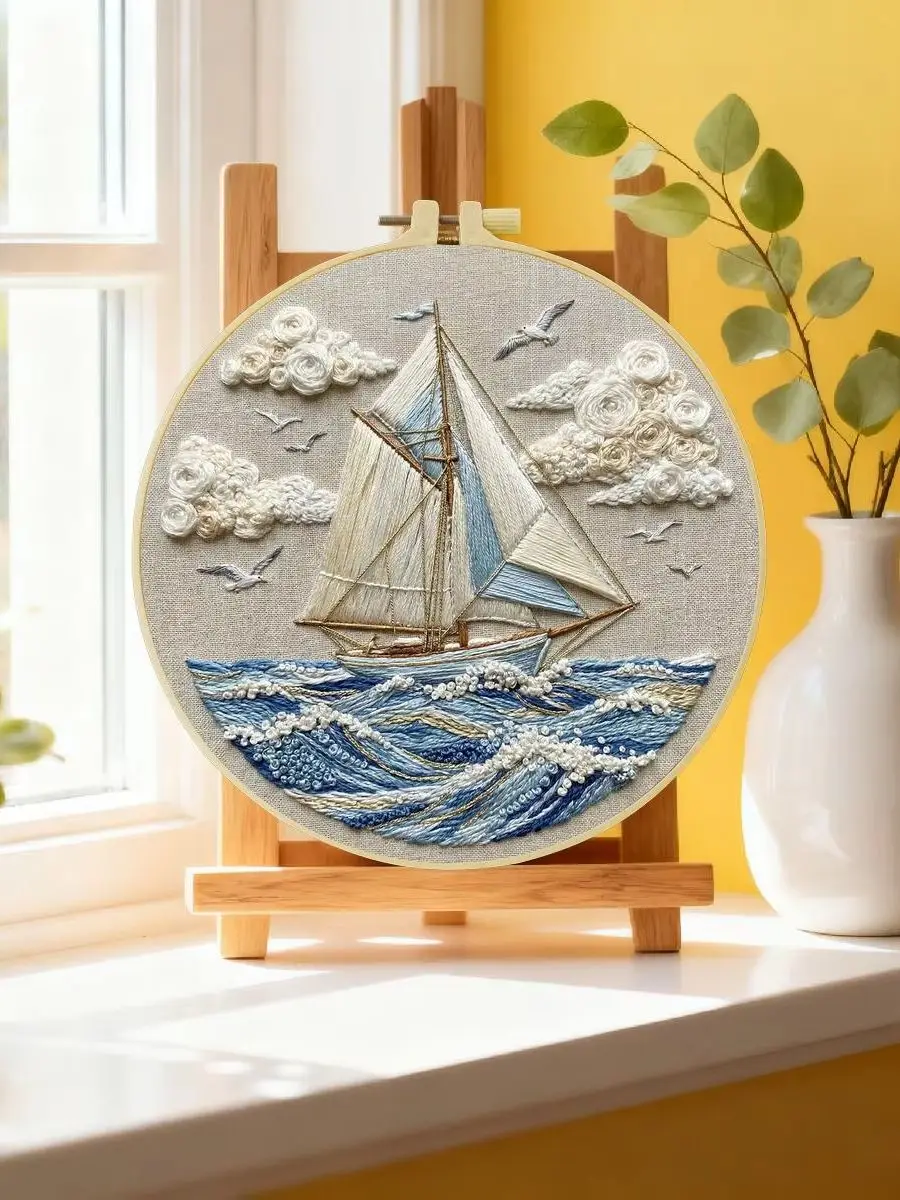 1 Stück 20X20CM/15X15CM 7,87/6,3 Zoll Wellen und Segelboote Stickerei-Starter-Kit DIY-Kit DIY-Stickerei-Set Handarbeiten Nadelkunst – Detail 6
