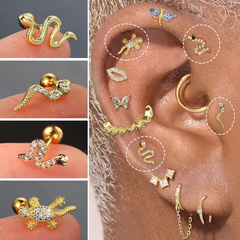 1PC 스네이크 도마뱀 피어싱 귀 스터드 귀걸이 여성용 미니 섬세한 CZ 헬릭스 Tragus 헬릭스 로브 Daith 바디 스테인레스 스틸 쥬얼리