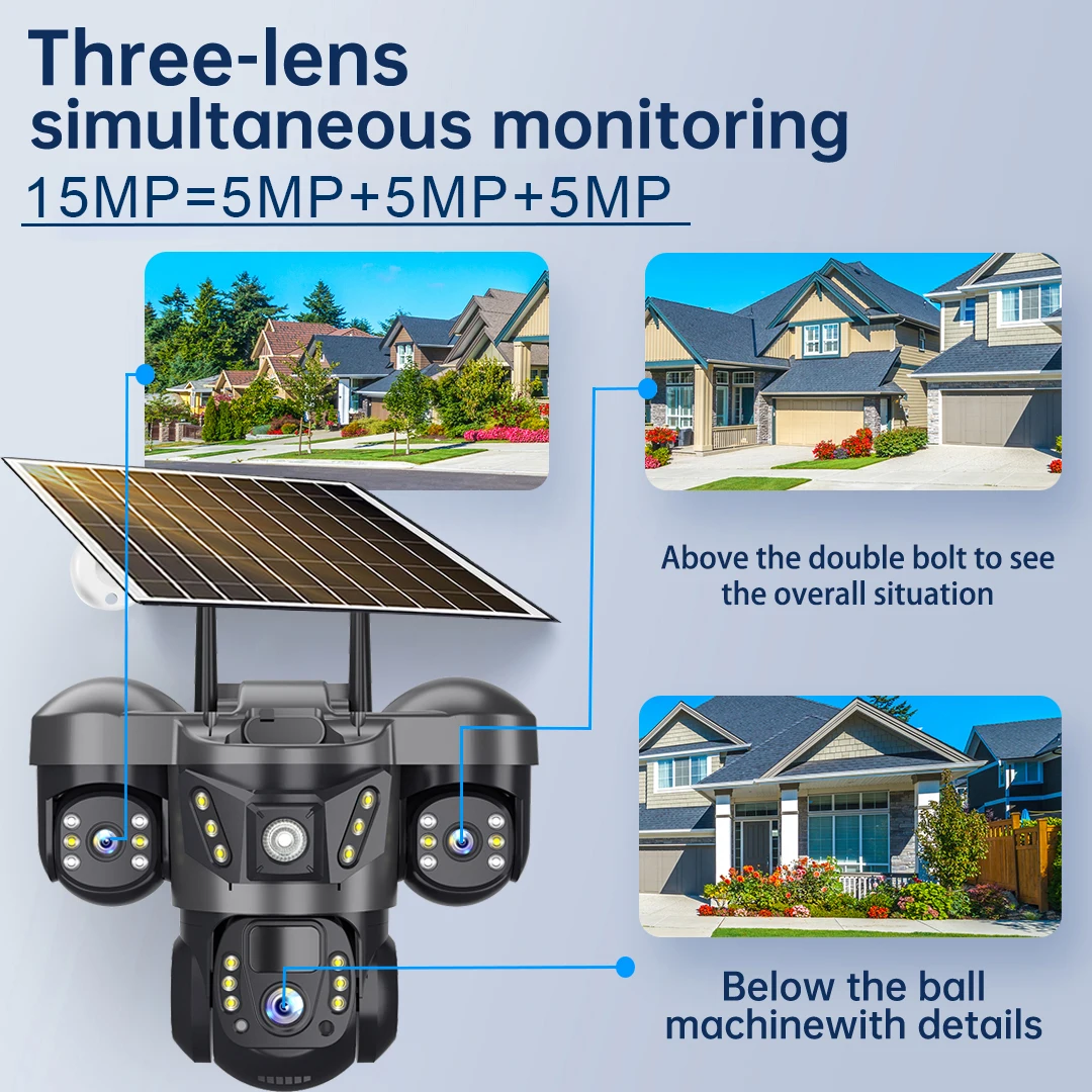 V380 PRO Triple Lens 4G Camera With Solar Panel Outdoor Battery Low Power Three Screen Surveillance 15MP Security HD CCTV Cam