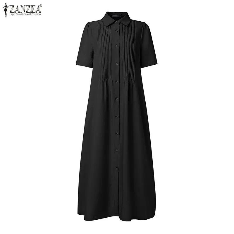 ZANZEA Damen Sommerkleid 2026 – Elegantes OL Business Midikleid, lässiges Kurzarm-Knopfkleid, einfarbiges Plissee-Sundress, Robe