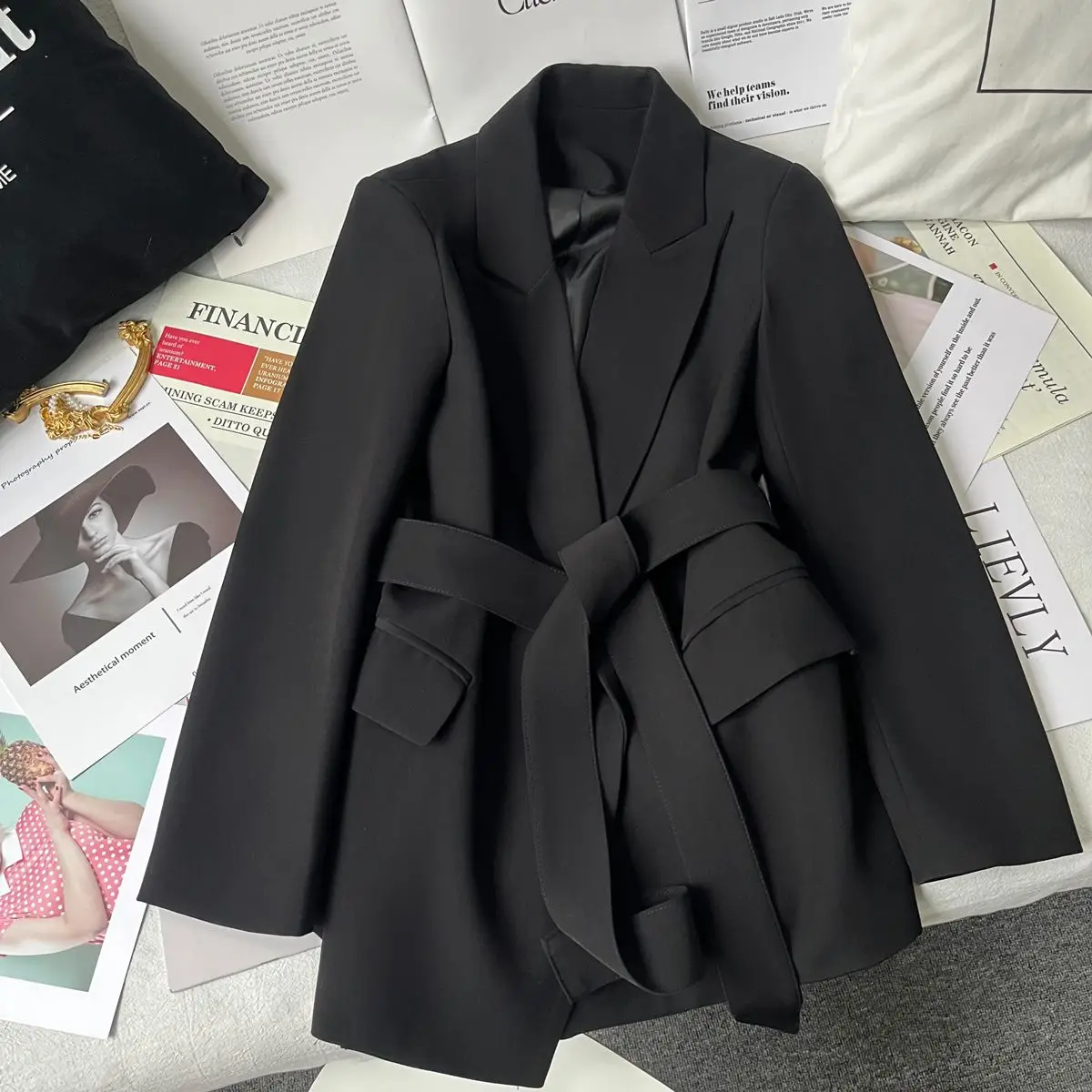 FTLZZ Office Lady Lapel Sash Tie Up Black Blazer Elegant Female Long-sleeve Solid Blazer with Belt