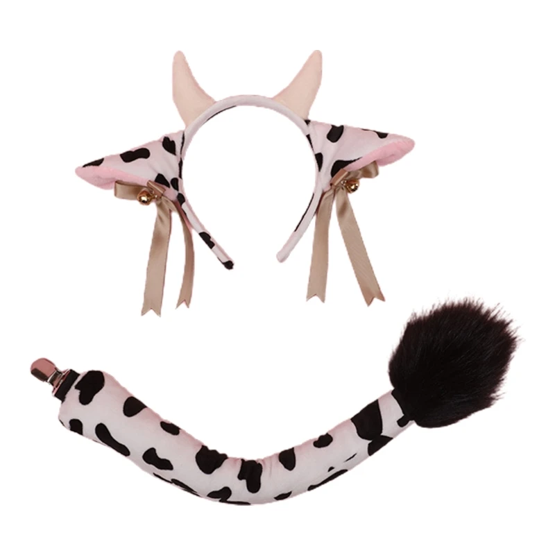 Faux Fur Animal Headbands Furry Cow Ears Headwear Tail Set Hair Hoop for Halloween Cosplay Party Supplies N58F