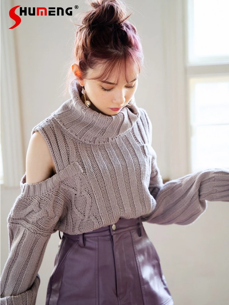 Japanese Style Sweet Solid Color Turtleneck Sweater 2023 New Cute All-Matching Long Sleeve Off Shoulder Short Knitted Top Ladies