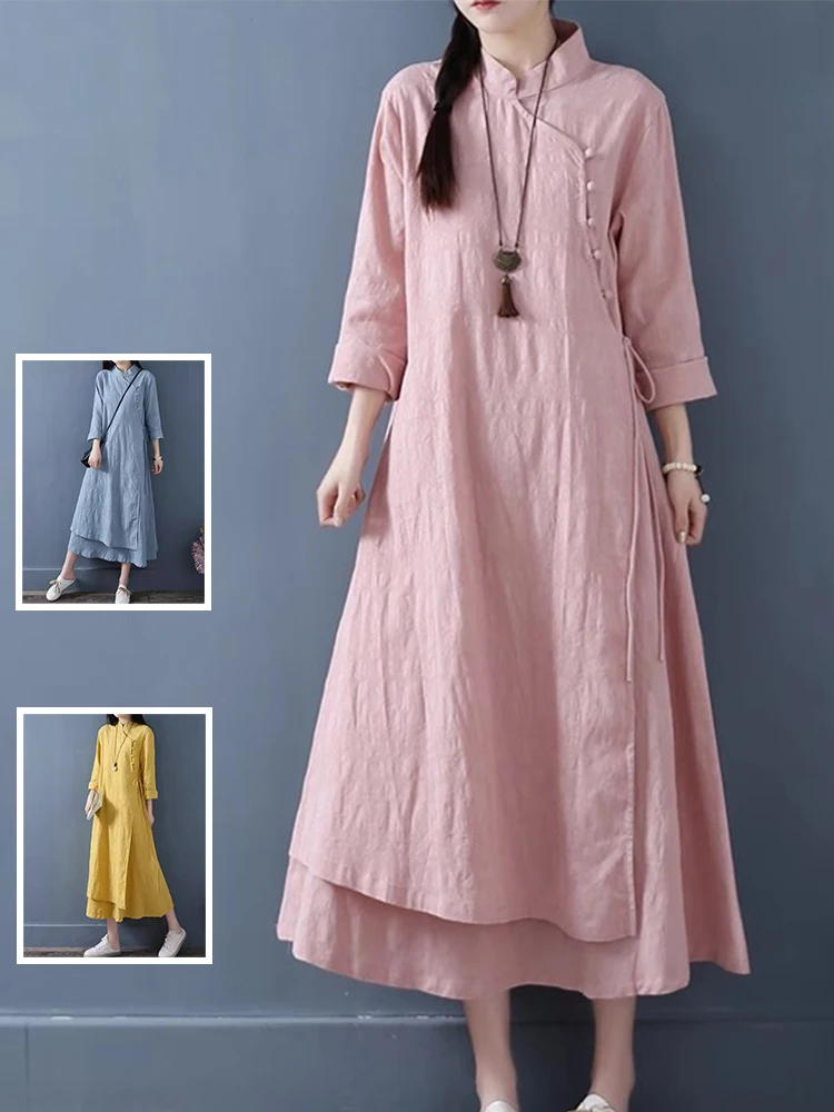

Spring 2024 New Pure Color A-Line Long Dr Embroidered Cotton Linen Gauzy Collar Button Detail Zen Sle Casual Commute Dr