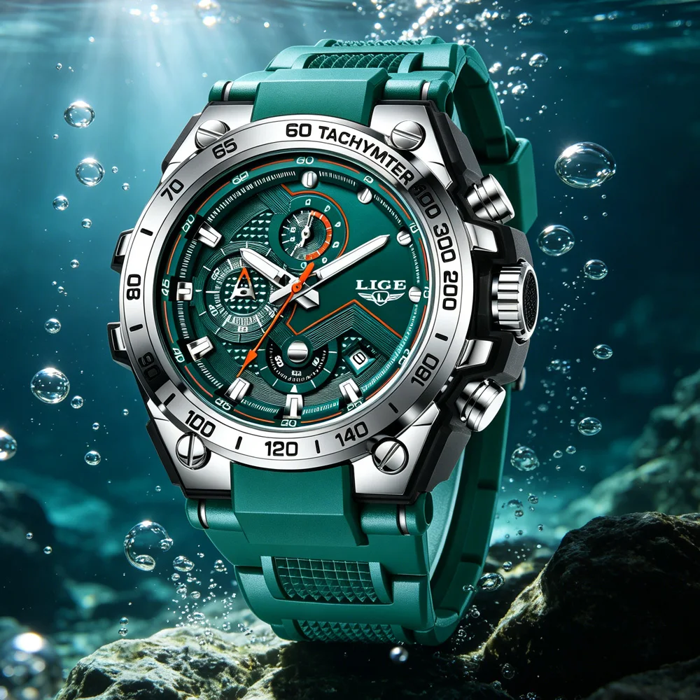 LIGE Tactical Man Wristwatch Chronograph Date Waterproof Silicone Strap Casual Quartz Men's Watches Sports Male Clock Relojs+Box