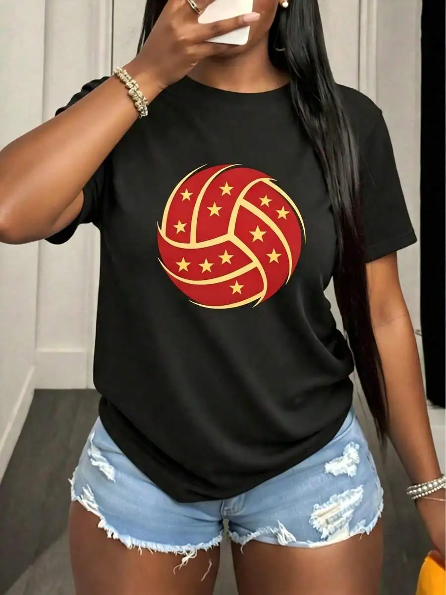 Loose And Oversized Lightweight And Durable Short-Sleeve T-Shirt, Featuring A Vibrant Volleyball Design. Suitable For Everyday Wear, This Casual Outfi