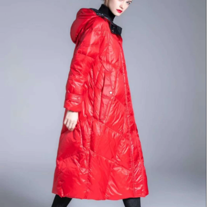 Casaco puffer com capuz feminino, parka longa solta, jaqueta casual quente, outwears engrossados na moda, jaquetas de inverno, novo, 2024