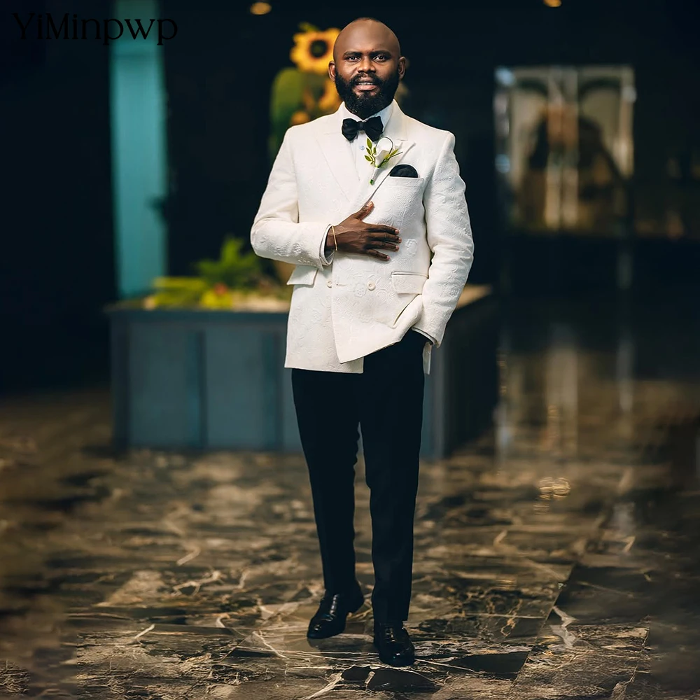 

YiMinpwp jacquard White Men's Wedding 2-Piece Suit Set Peaked Lapel Satin Formal Events Grooms Dad Wedding Slim Fit Suit XS-5XL