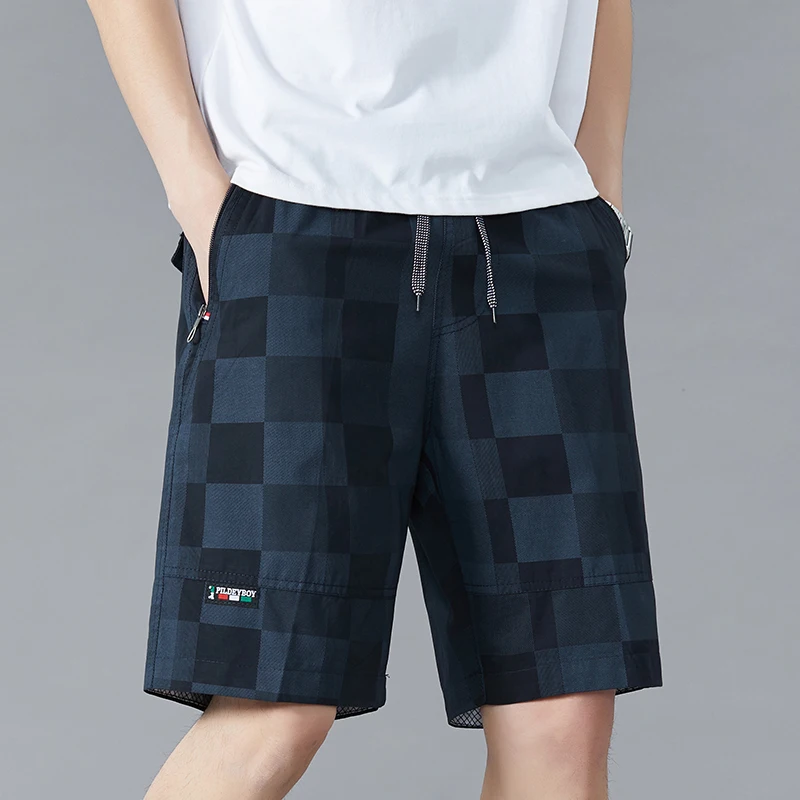 Calções de elástico de cintura alta masculino, moletom com cordão, cordão, xadrez, zíper, casual, reto, bolsos, verão