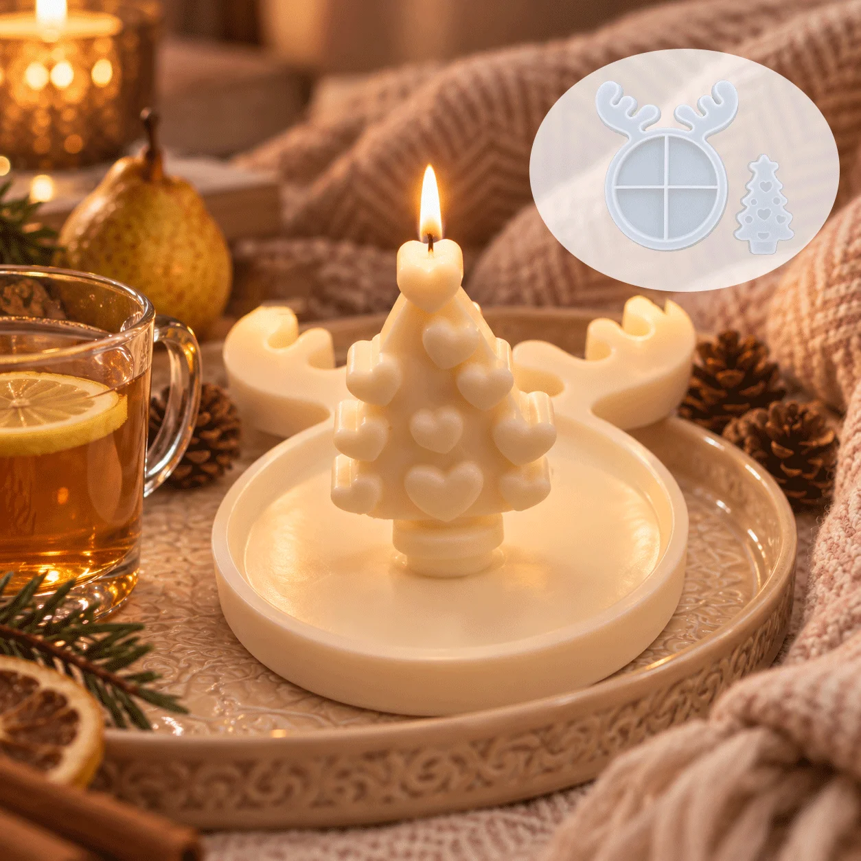 Reindeer Antler Tray & Heart Christmas Tree Silicone Mold Set, Xmas Candle Mould for Soy Wax Candle, Epoxy Resin, Plaster, view 5