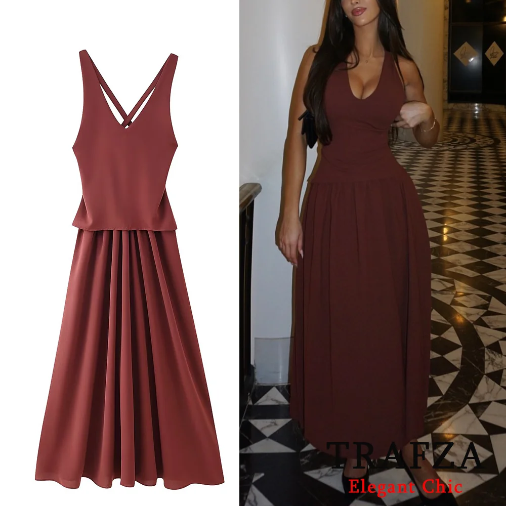 TRAFZA Women Stylish Patchwork Dress Elegant Midi Cami Dress 2025 New Spring Summer Fashion Sexy Party Evening Beach Dress