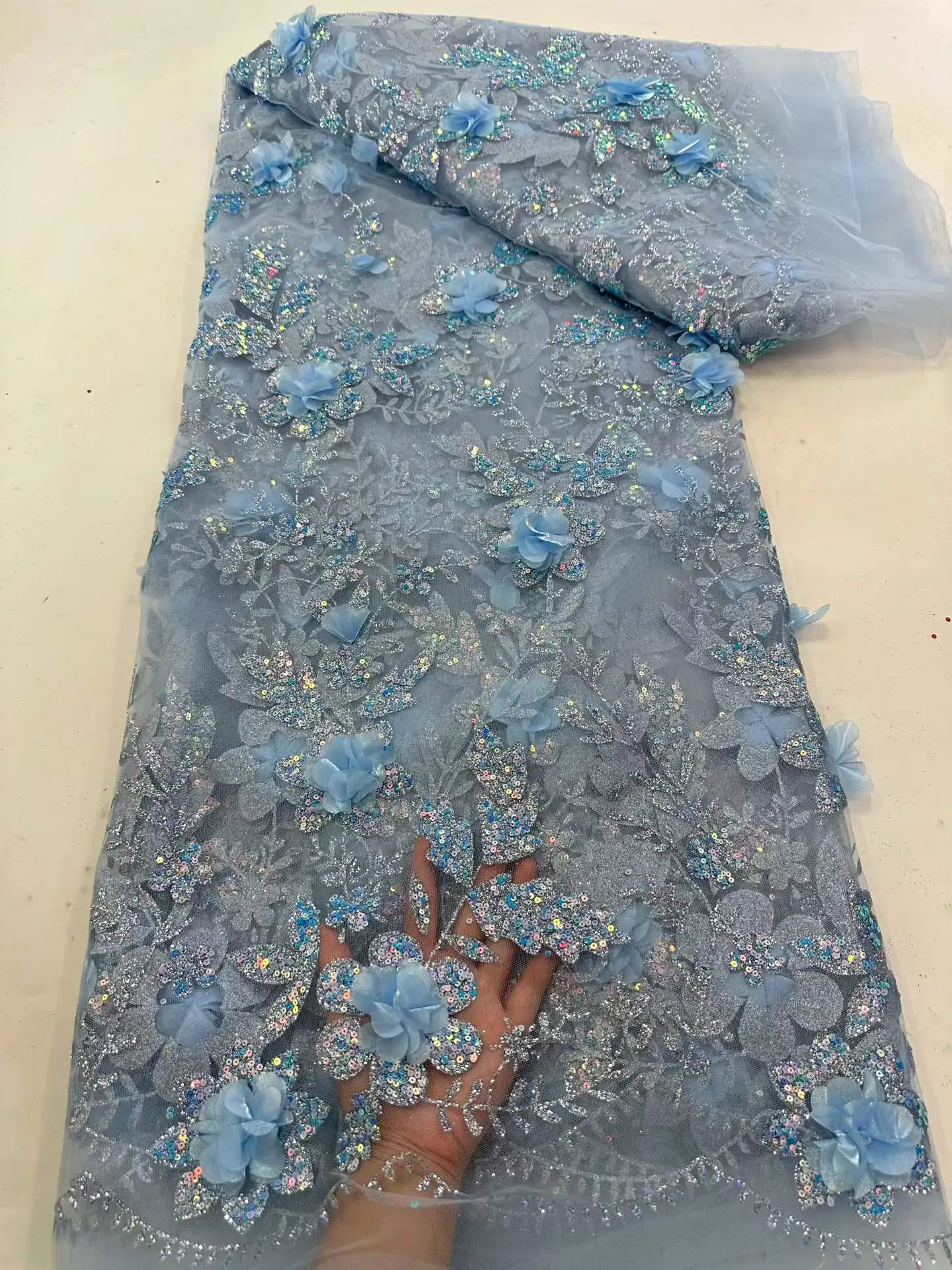 African Lace Fabric Embroidered Sequined Nigerian Lace Fabrics 3D flowers 2026 High Quality French Tulle Lace Fabric For Dress view 3