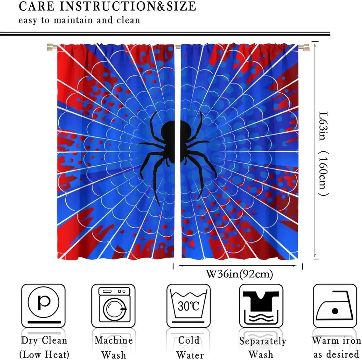 Superhero Spider Web Curtains,Blue Red Window Treatments for Kids Boy Bedroom Office Study Halloween Theme Spider Print 2 Panel