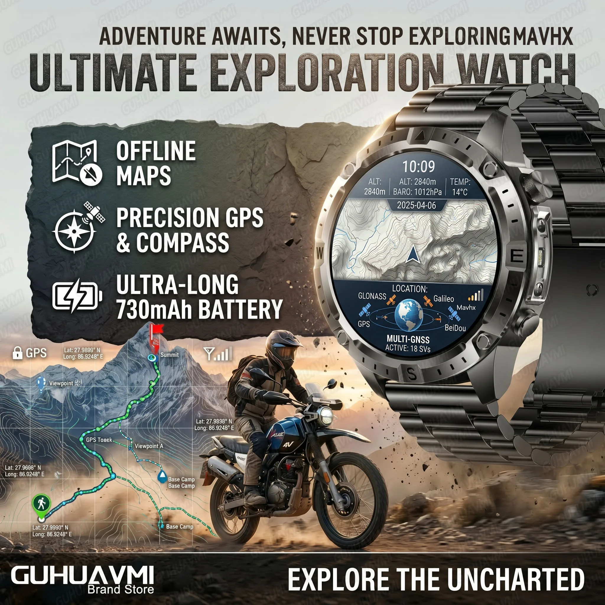 

Умные часы для мужчин с AMOLED-экраном 1.43 дюйма, GPS-трекером, офлайн-картами, локальной музыкой, компасом, барометром, 730 мАч, водонепроницаемостью 3 ATM, Bluetooth 5.3, для спорта