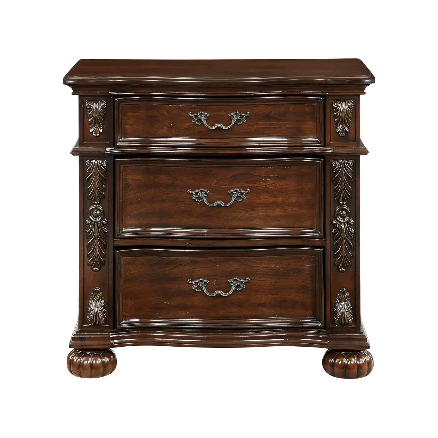 Nightstand 3 Drawers Leaf Carvings Cherry Solid Wood Brown & Bronze, Customized