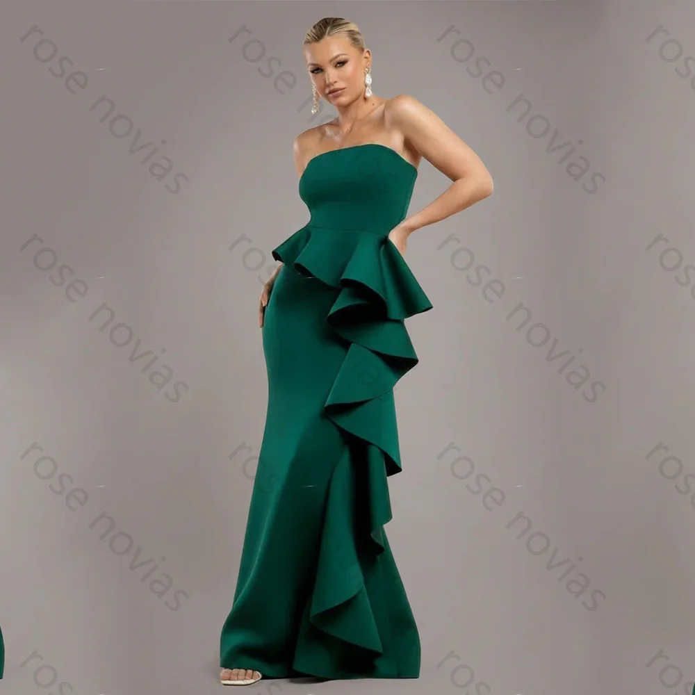 

High Quality Simple Green Evening Dress Jersey for Floor-Length Strapless Prom Dress Falbala Vestidos De Fiesta Customized