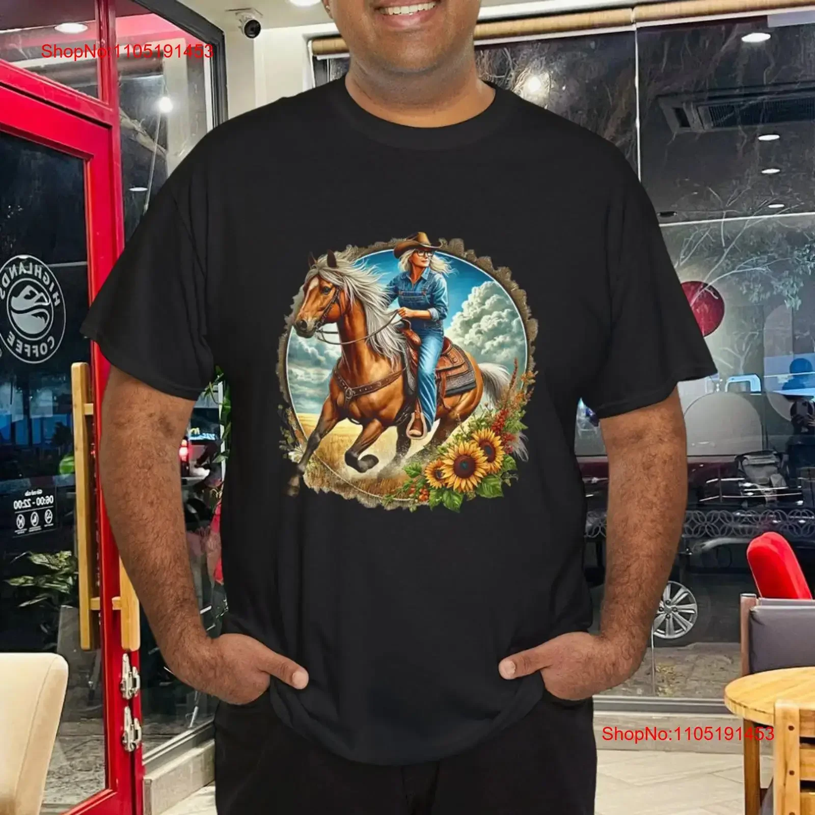 

Country Grandmother riding a Chestnut Horse with Sunflowers T Shirt vintage Washed fashion Stretched designer clothes