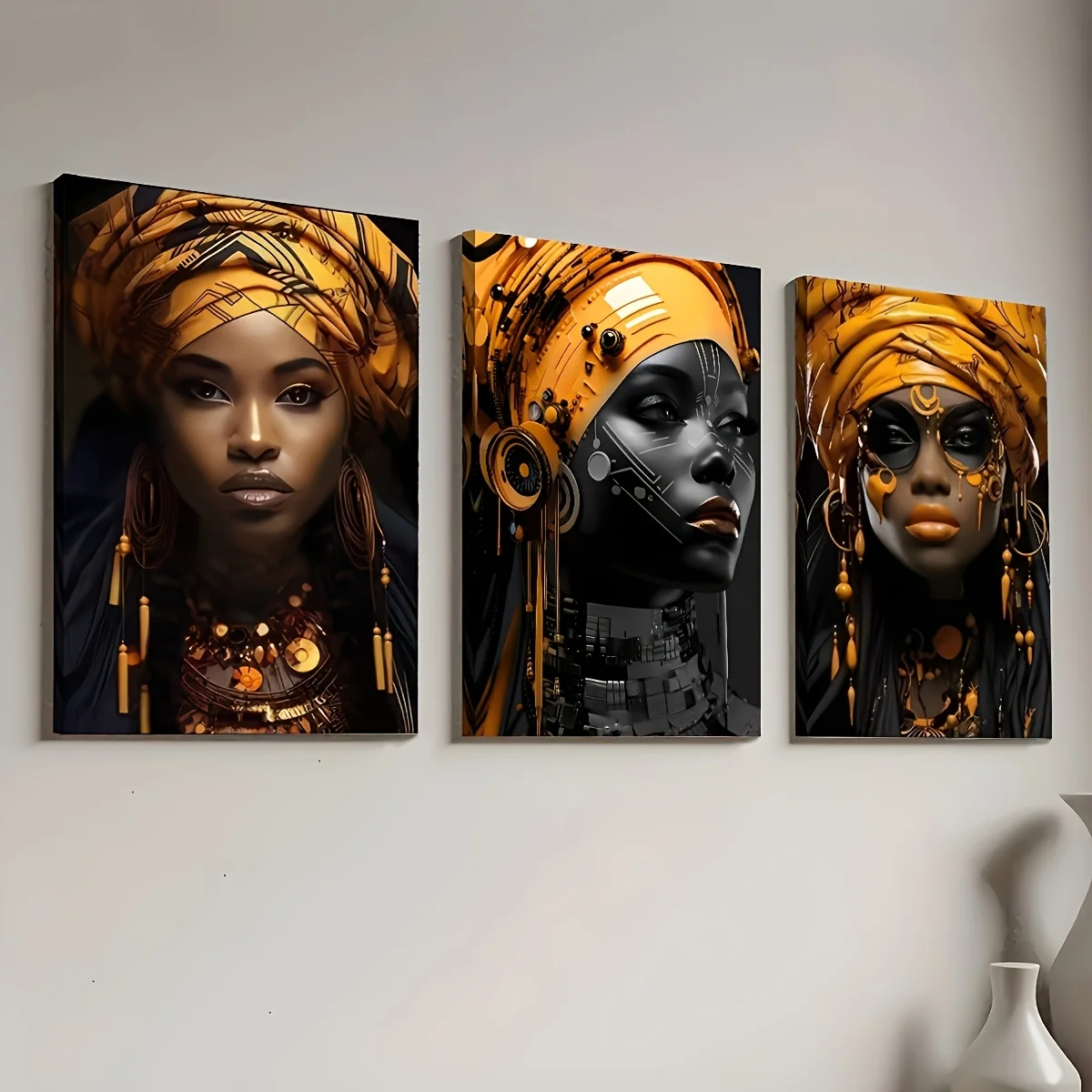 3 Panels Framed Canvas Paintings Featuring African Black Women in Tribal Attire, Home Decor, Wall Art, Home Murals Holiday Gifts