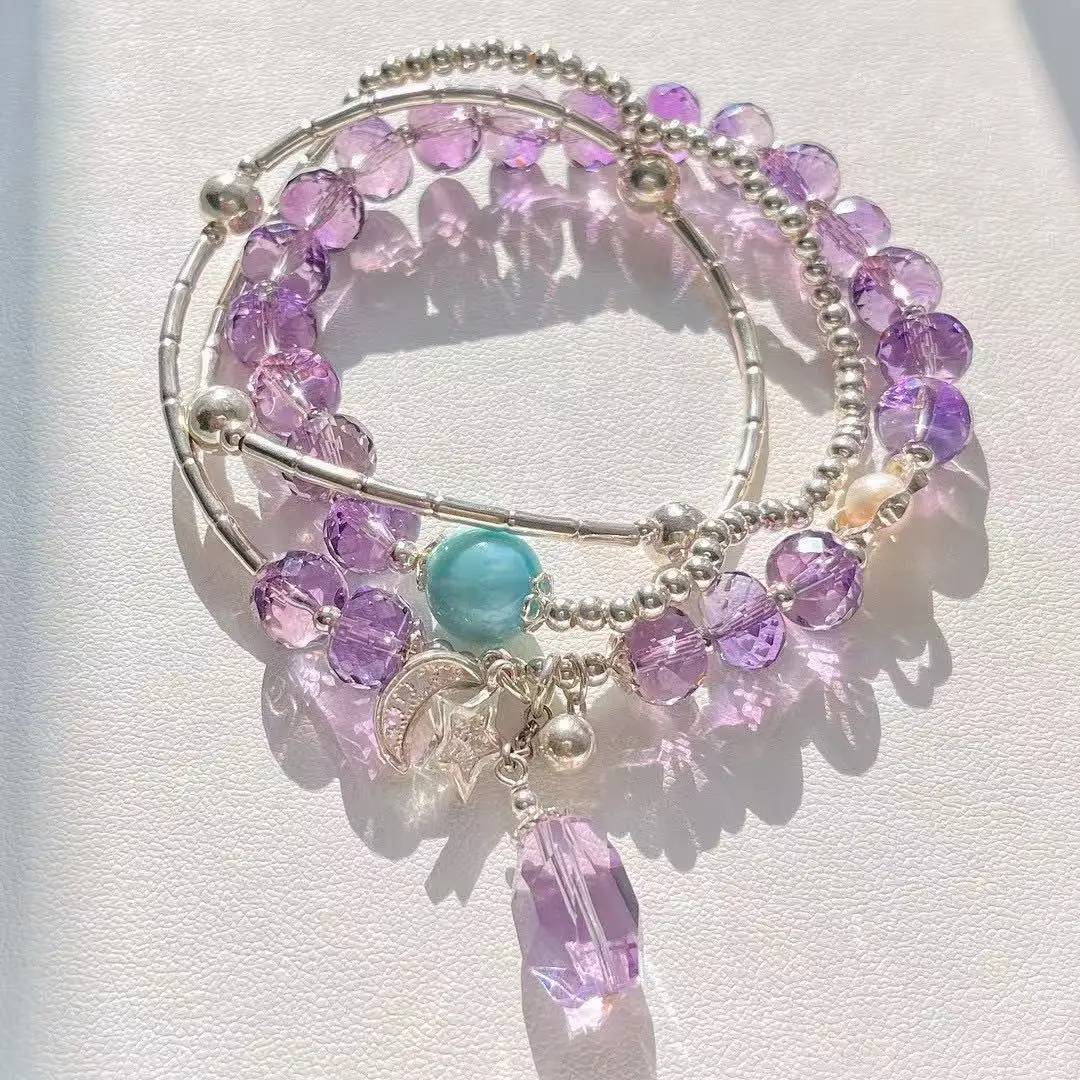 

925 Silver Natural Amethyst Bracelet, Original Chinese Style Handmade Crystal Beads, Healing Jewelry Gift for Women