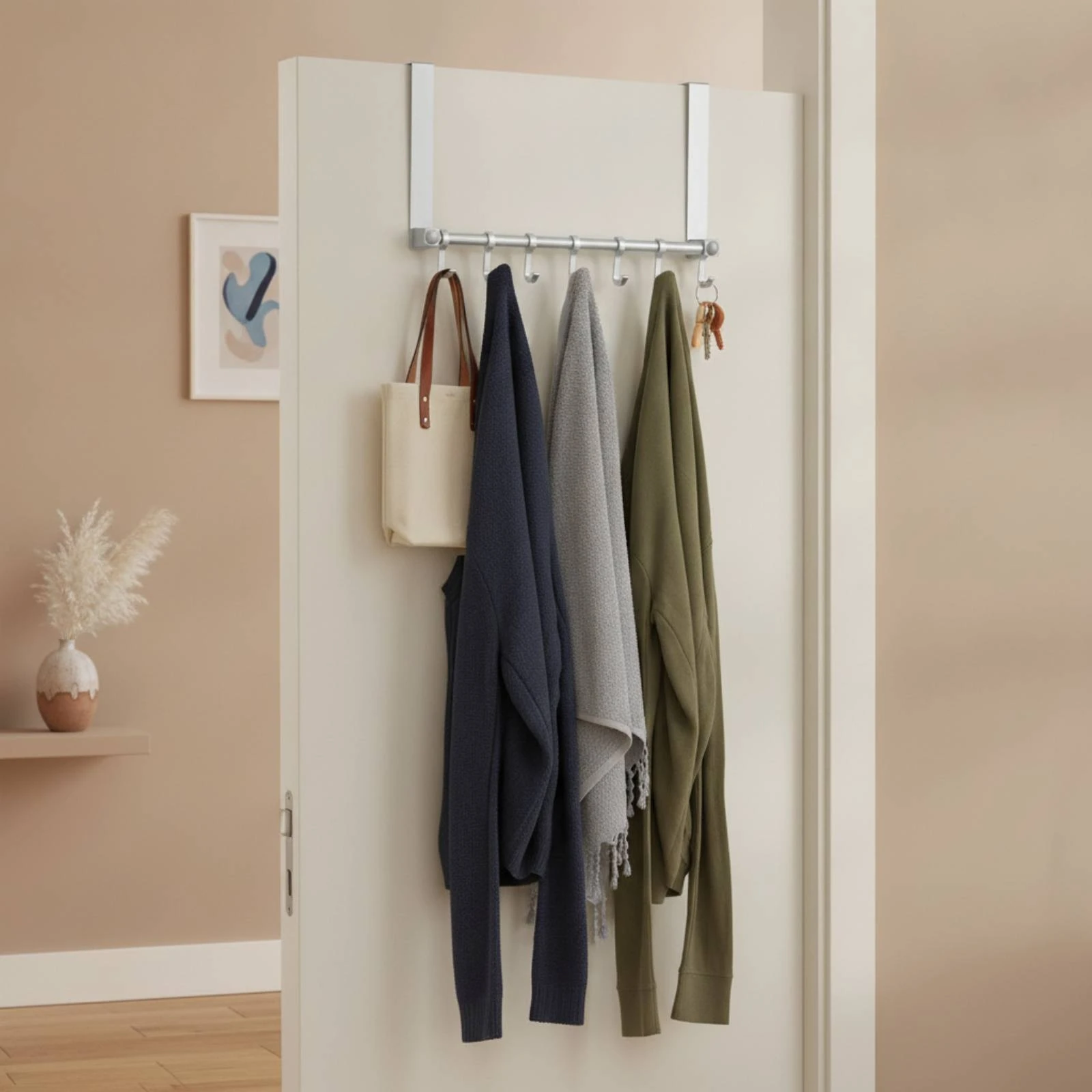 Over the Door Hook Rack Aluminum Door Hanger with 5 Hooks All Metal Space-Saving for Bedroom, Bathroom