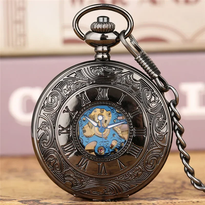 Antique Skeleton Handwinding Mechanical Pocket Watch for Men Women Pendant Chain Roman Number Dial Collctable Timepiece Gift