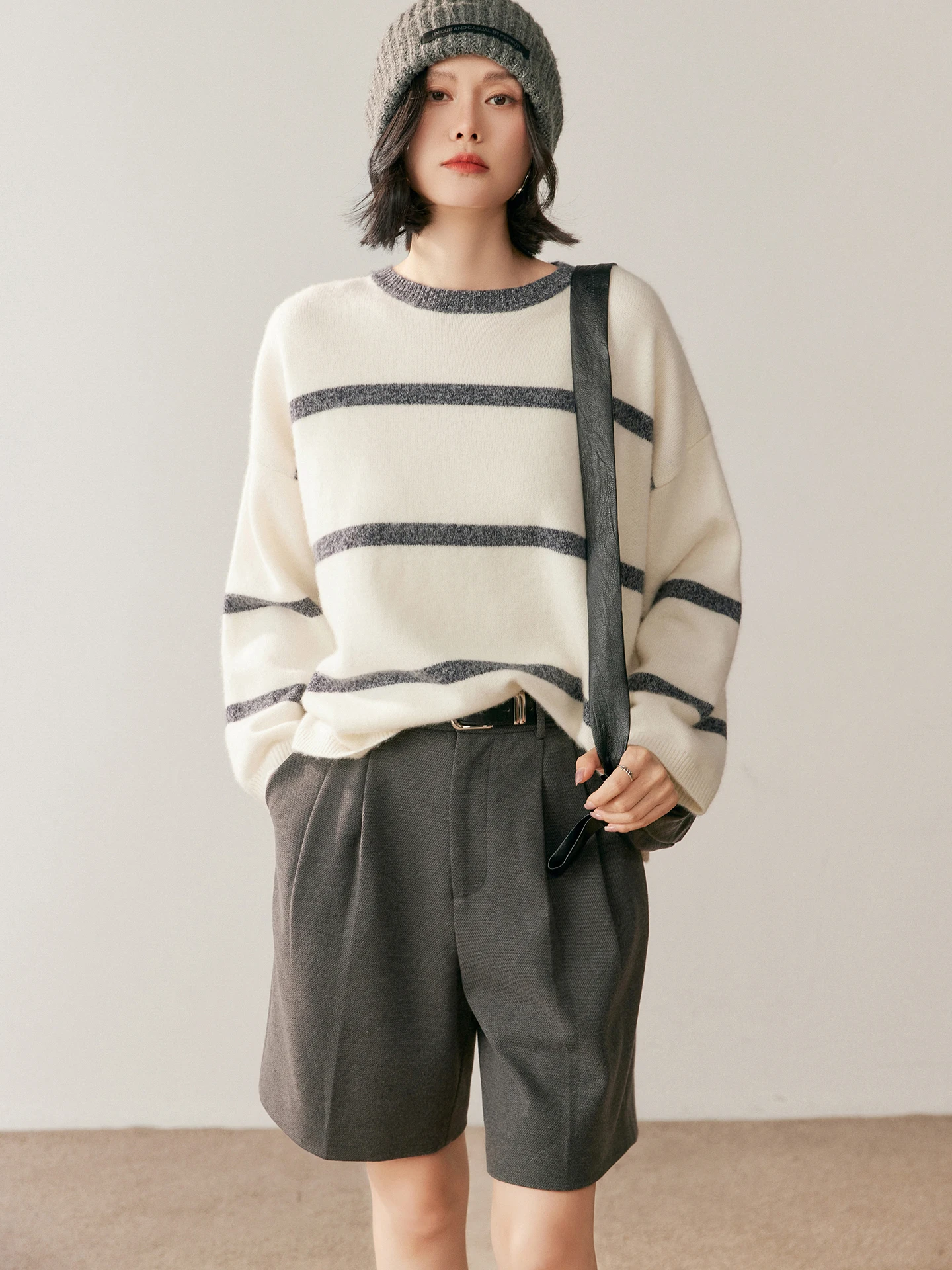 TLOML Women's O-neck Casual Loose Striped Pullover Sweater 100% Cashmere Knitwear Warm Lazy Comfy Design Autumn Winter Soft Tops