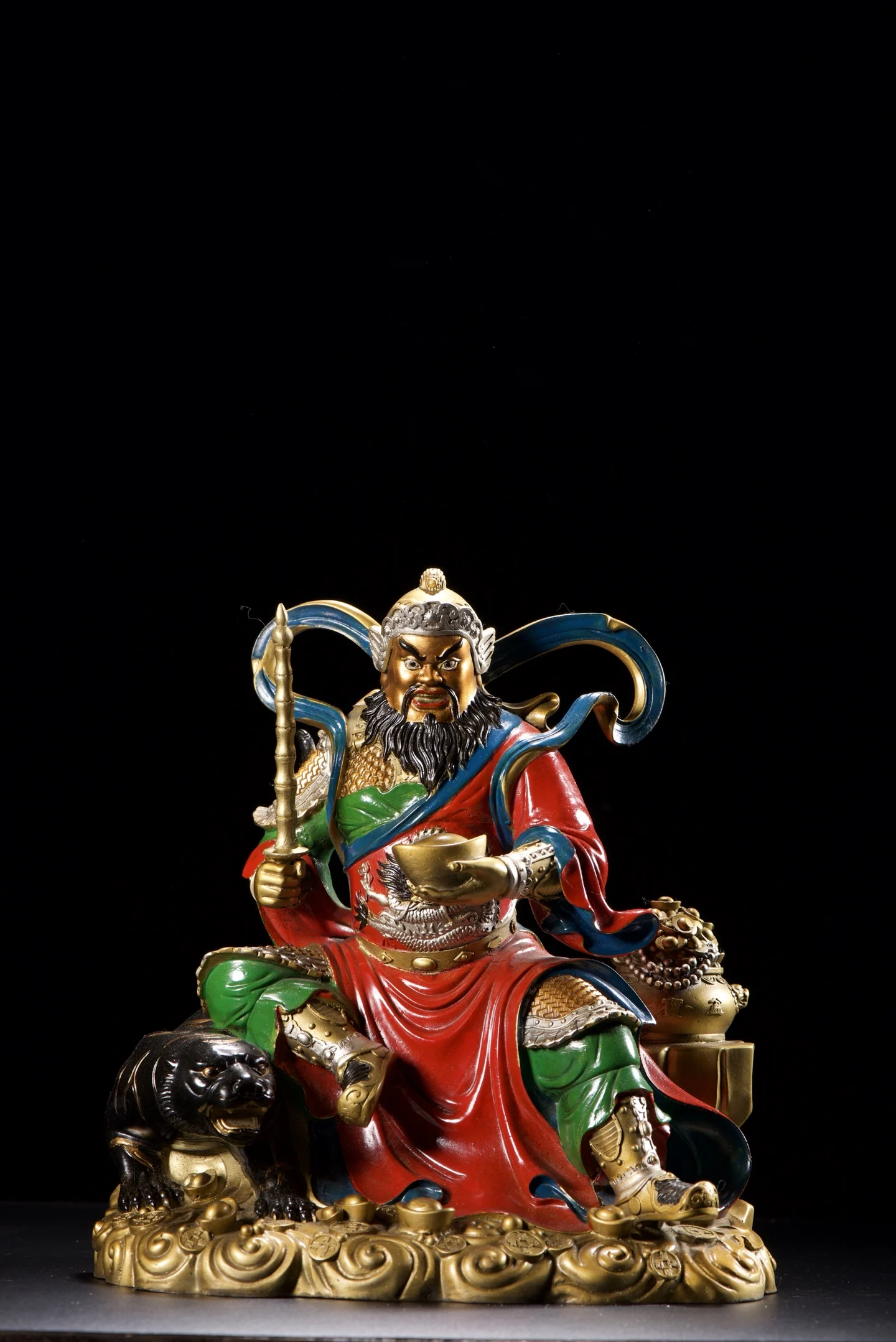 

Old Bronze Painted Yuanbao coins Cornucopia God of Wealth Zhao Gongming immortal Mount Tiger statue Amass wealth Ornaments