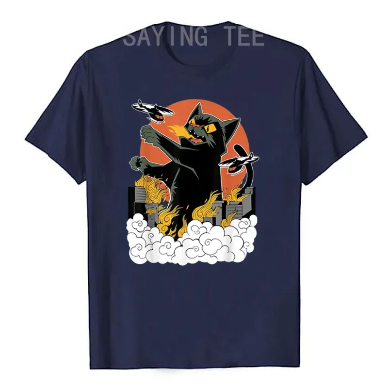 Black Japanese Catzilla Sunset T-Shirt - A Giant Cat Attacks City Funny Kitty Graphic Tees Short Sleeve Anime Comics Cartoon Top