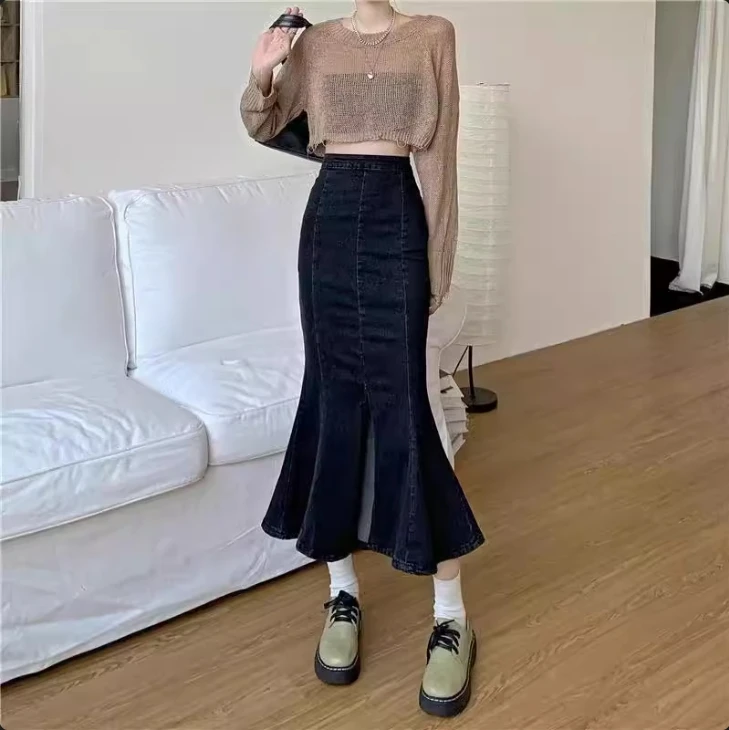 MiiiiX Casual Black Irregular Denim Mermaid Skirt High Waist Mid-length Sheath Fishtail Skirt New Spring/Autumn Women's Clothes