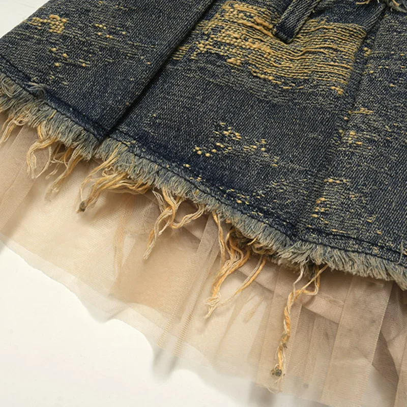 Lace Denim Dresses Korean Y2K Vintage Patchwork Skirt High Waisted Vintage Skirt Washed Edges Make Antique A-line Skirt New